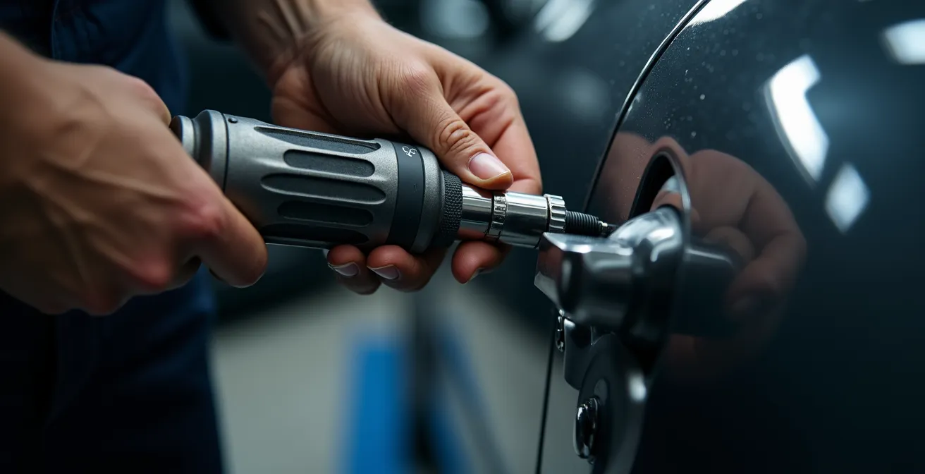 Serrurier automobile professionnel intervenant avec des outils spécialisés sur une serrure de voiture moderne