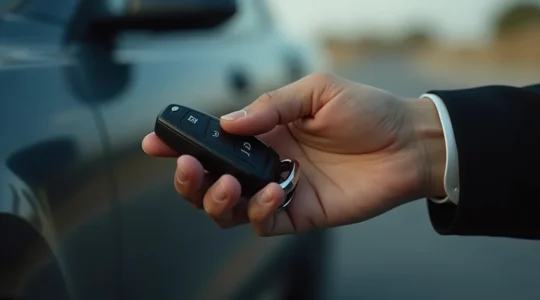 Photographie réaliste d'une main tenant une clé de voiture moderne avec un fond flou minimaliste, éclairage cinématographique doux, textures fines sur la clé et profondeur de champ faible mettant en avant la clé dans la règle des tiers.