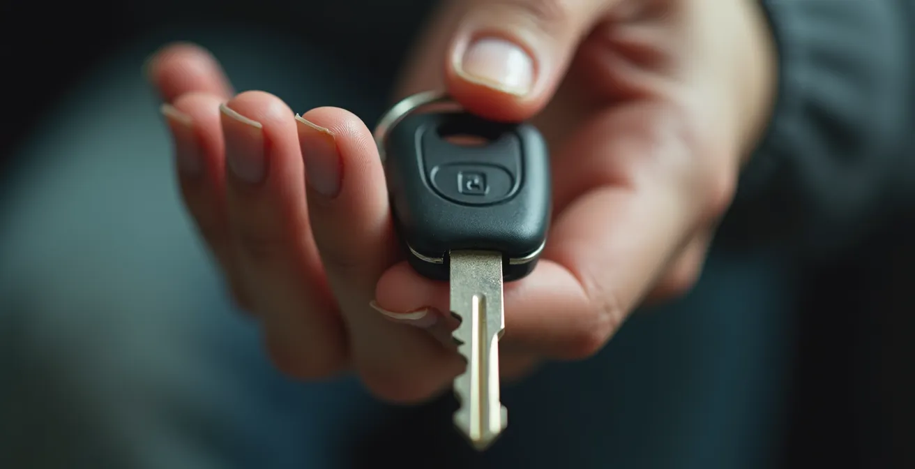 Gros plan sur une main tenant une clé de voiture cassée avec une texture réaliste et lumière douce