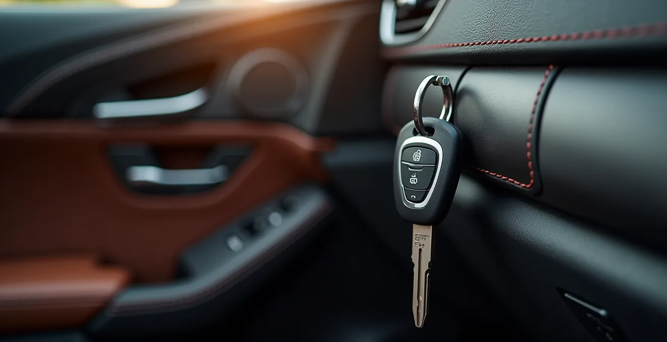Image détaillée d’un porte-clés sécurisé et d’un rangement sûr pour clés de voiture, éclairage naturel doux