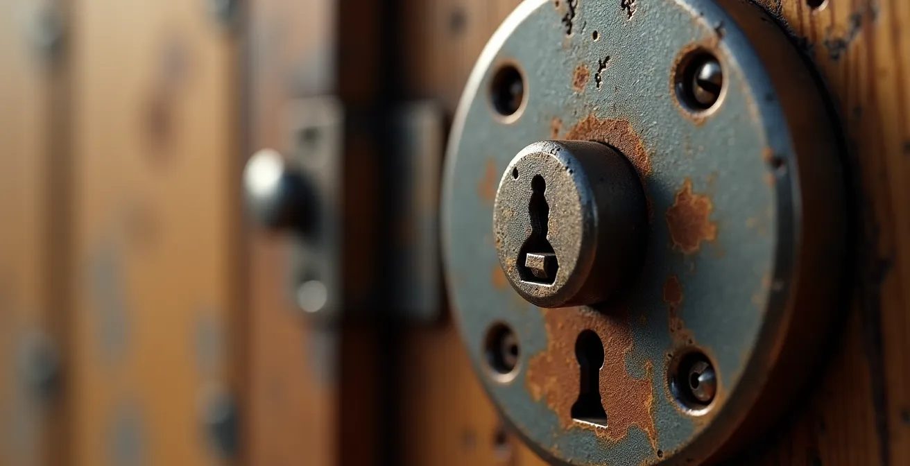 Gros plan d'une serrure avec signes visibles d'usure et de corrosion